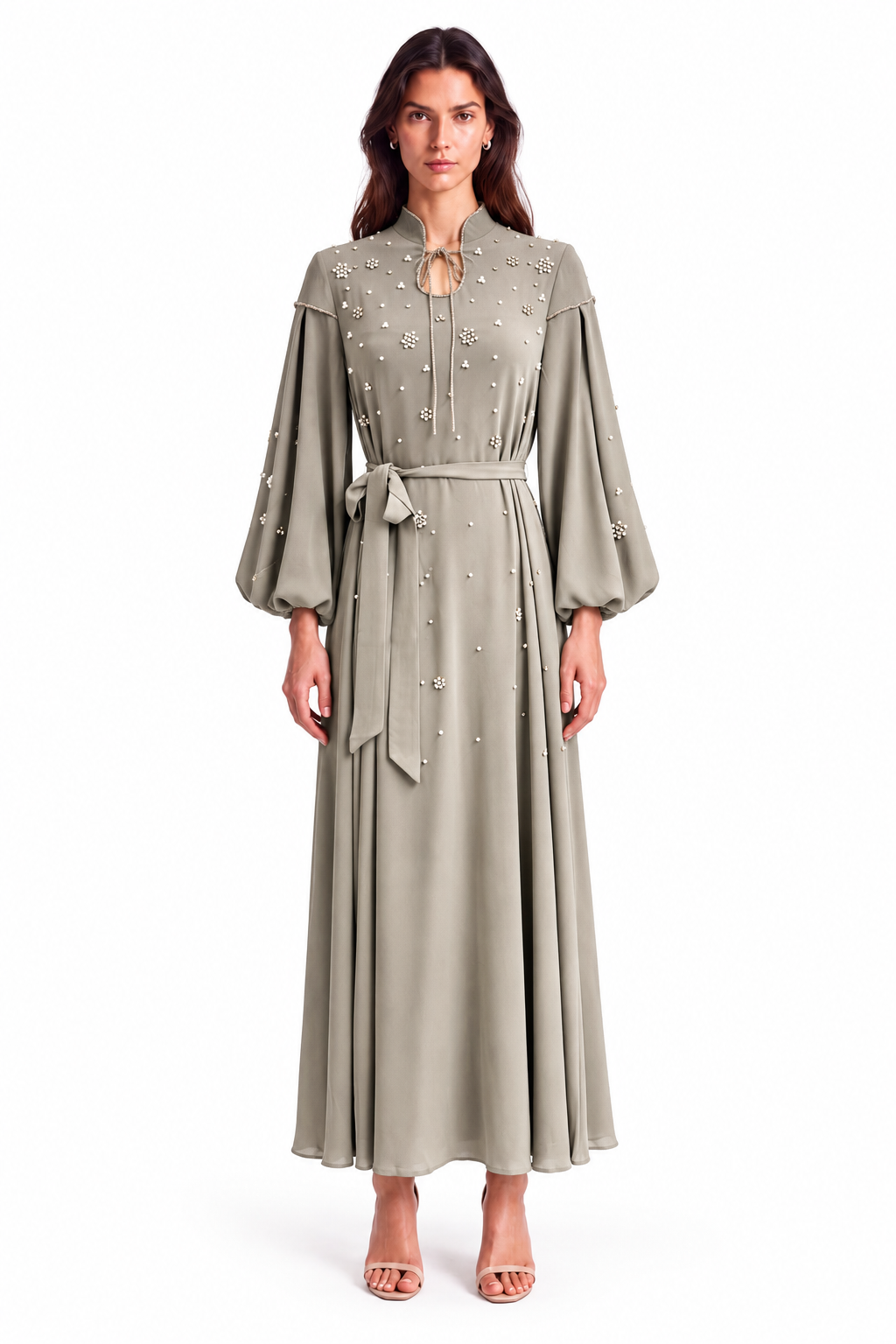"Mariam" Pearl Tie-Neck Balloon Sleeve Dress