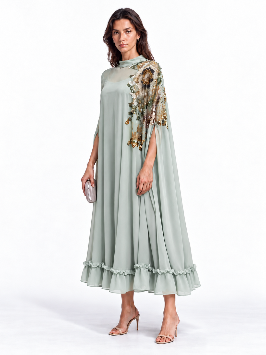 "Nesma" High Neck Beaded Cape Dress