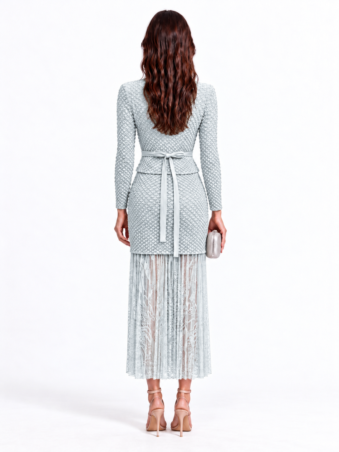 "Maya" Crinkle Chiffon & Mesh Buttoned Jacket Skirt Set