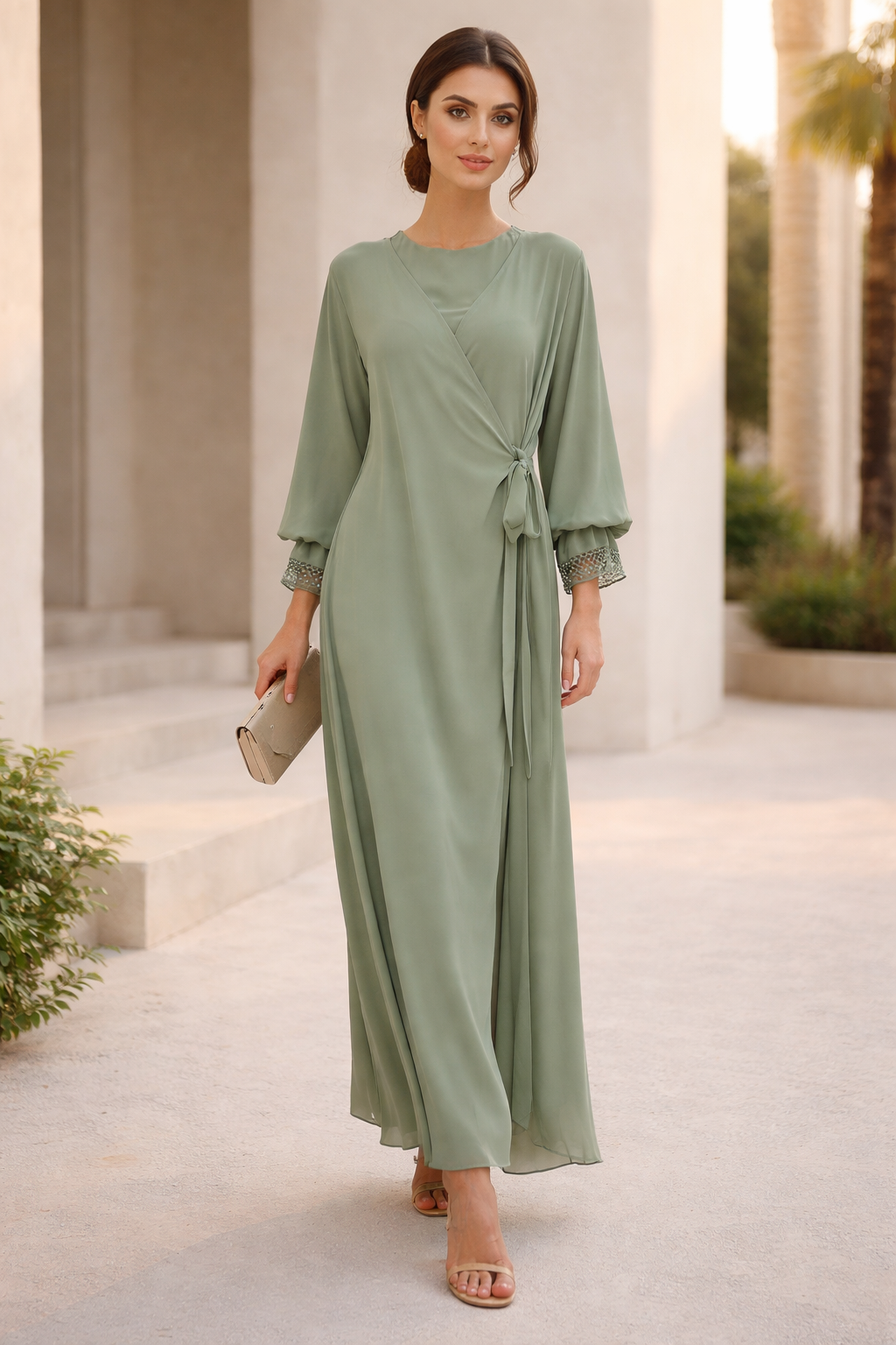 Simple And Elegant Chiffon Wrap Over Jalabiya With Round Neckline