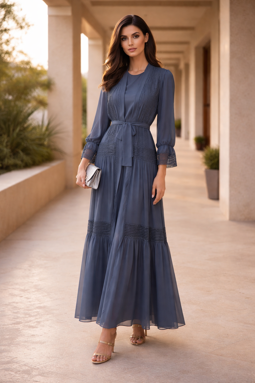 Beautiful Frilled Jalabiya With Round Neckline with Bishop Sleeves