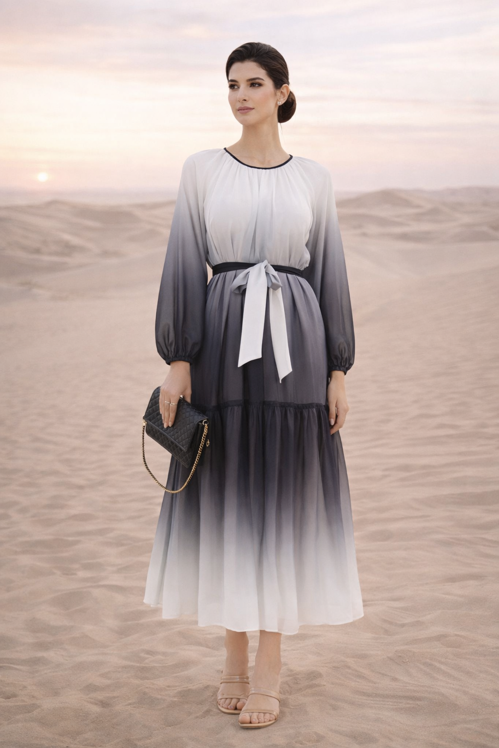 Double Shaded Printed Chiffon Jalabiya With Round Neckline And Long Puff Sleeves