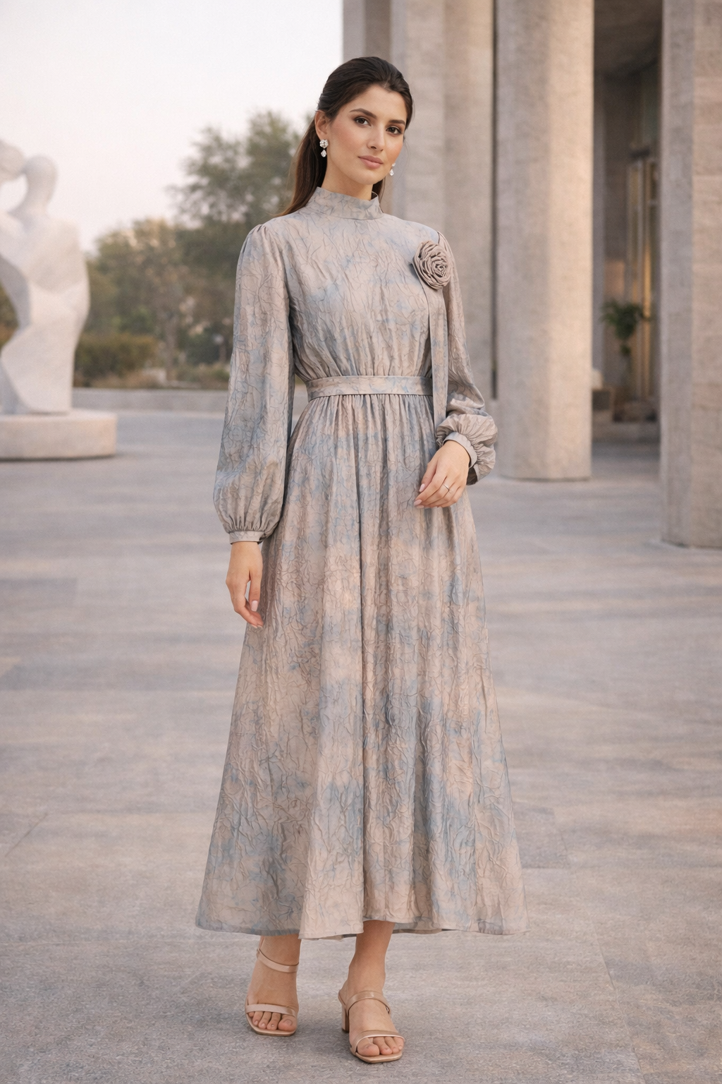 Beautiful Jacquard Long Dress With Flower Embellishment