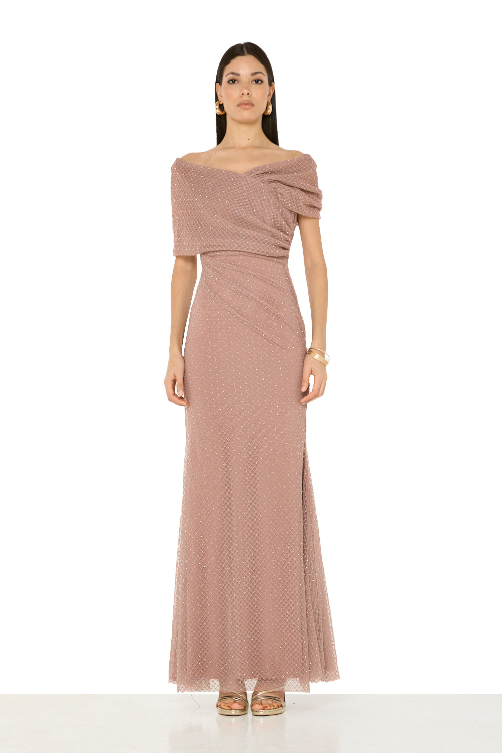 Draped Off-Shoulder Embellished Gown