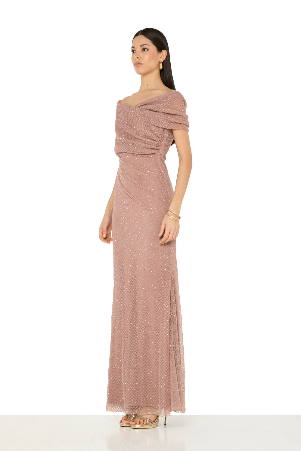 Draped Off-Shoulder Embellished Gown