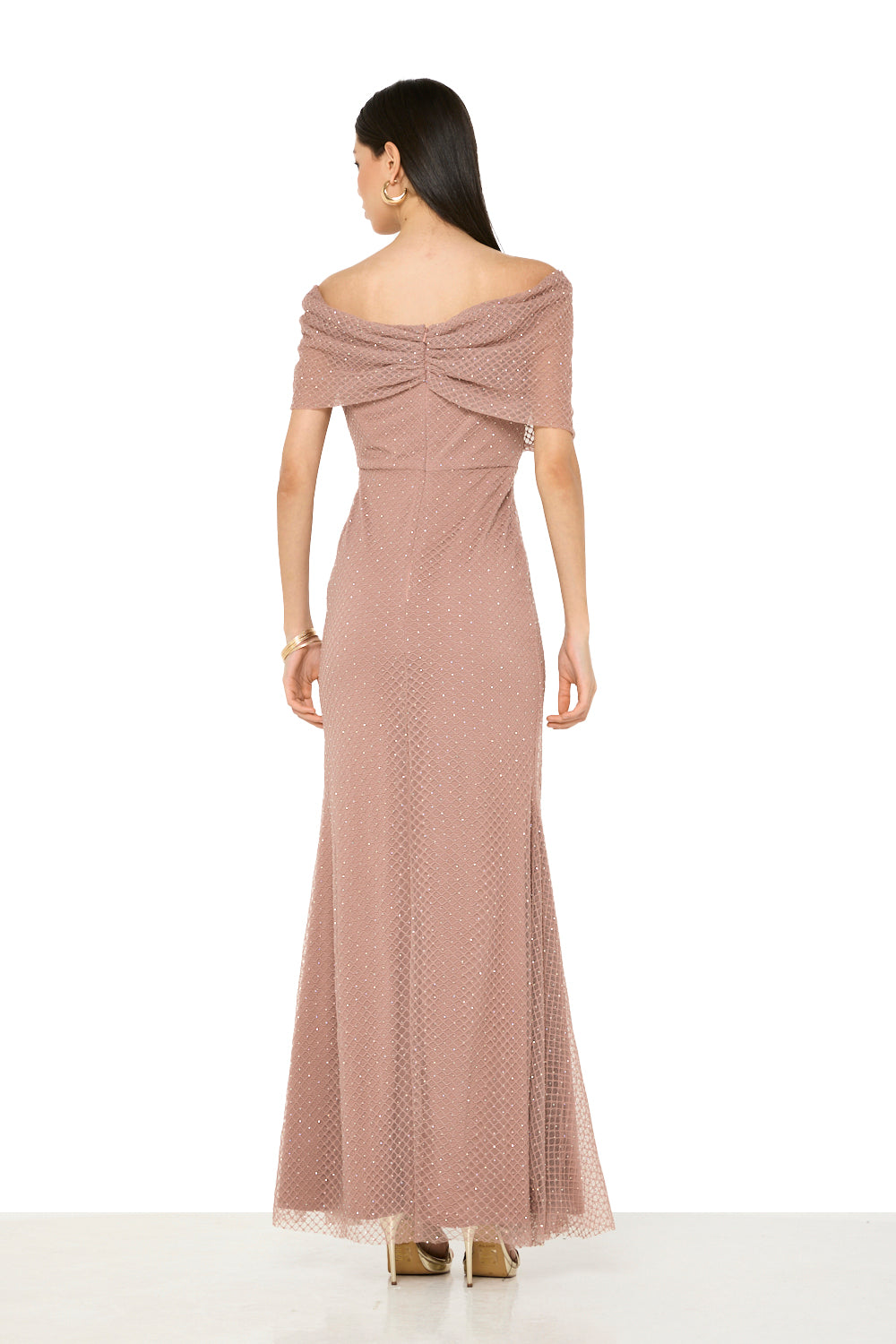 Draped Off-Shoulder Embellished Gown