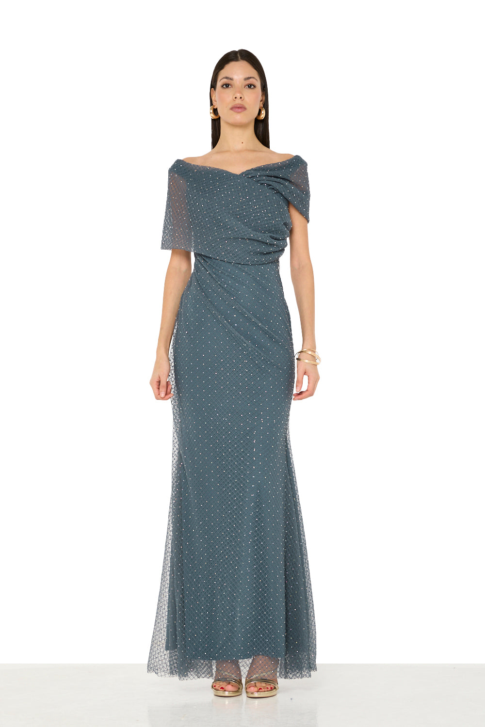 Draped Off-Shoulder Embellished Gown