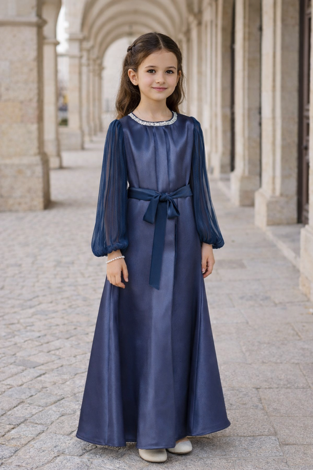 Embellished Neckline Satin Party Gown