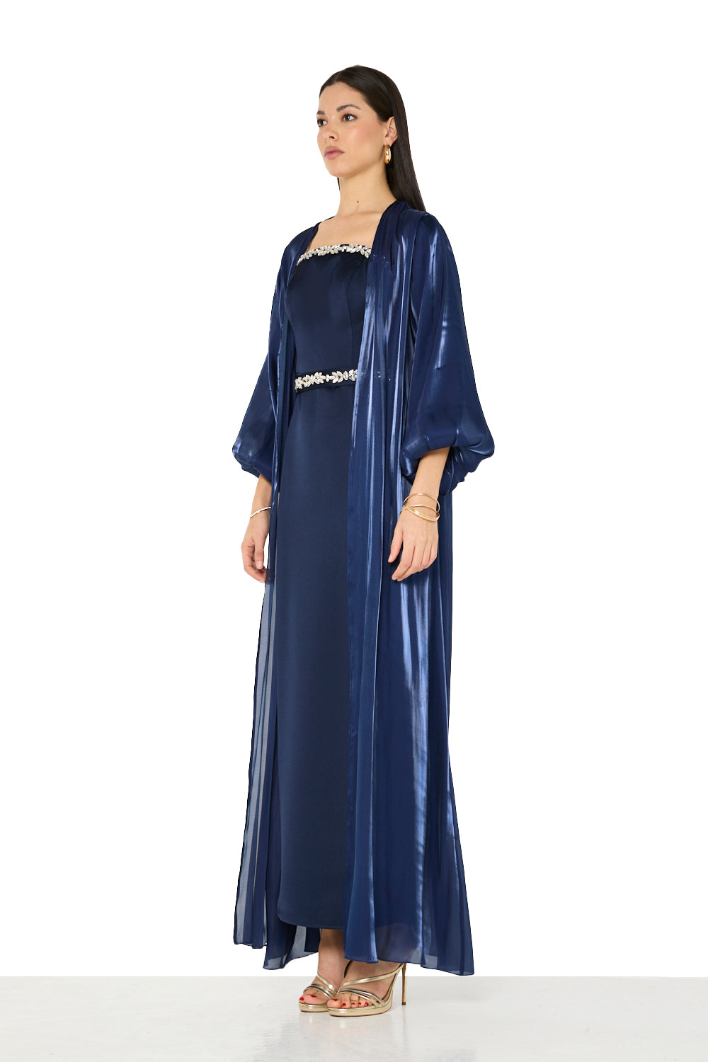 Embellished Crystal-Trim Cape Dress