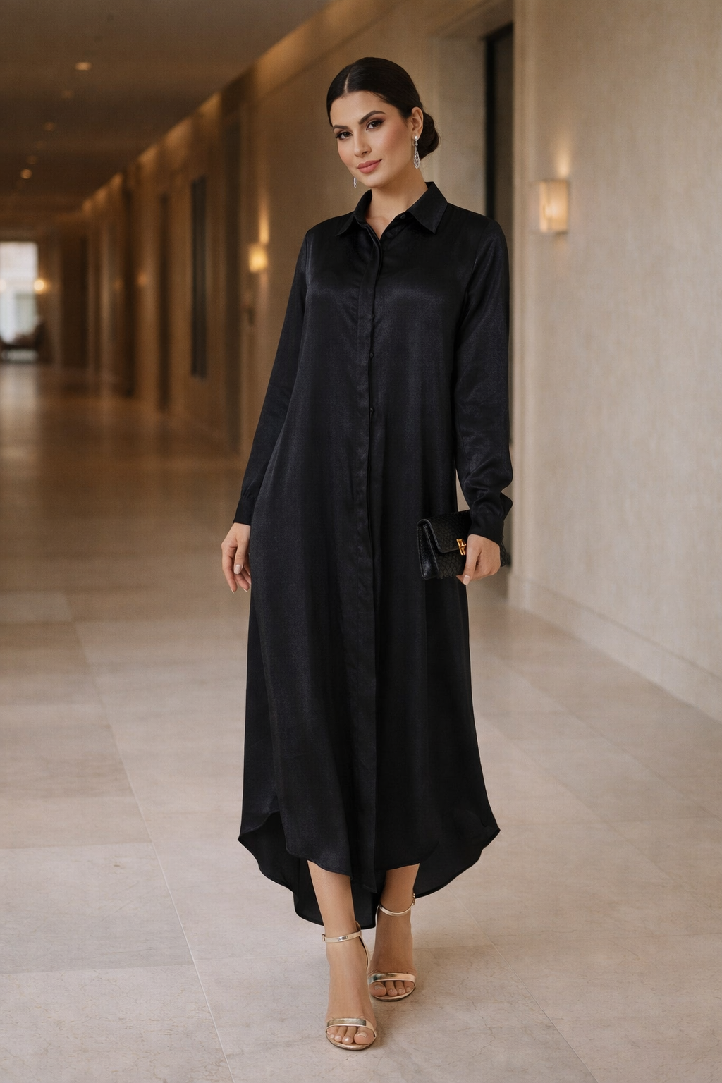 Shimmer Shirt Dress With High-Low Hemline In Crinkle Satin