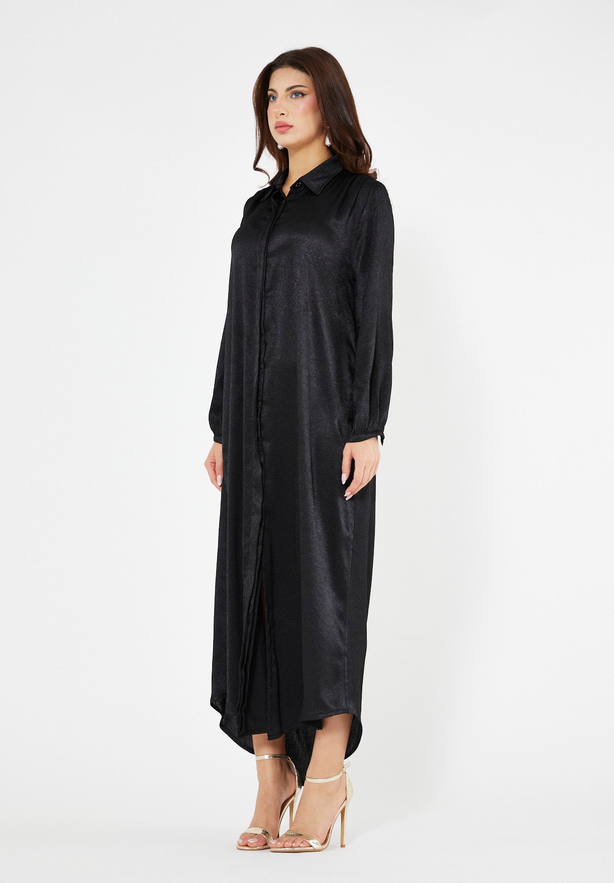 Shimmer Shirt Dress With High-Low Hemline In Crinkle Satin