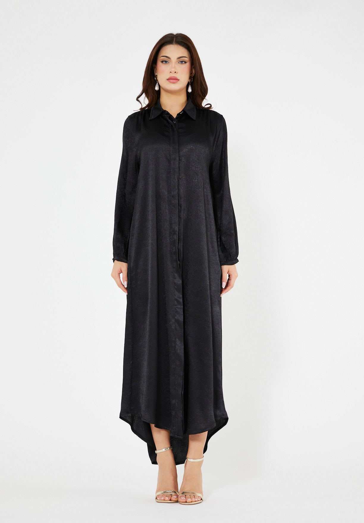 Shimmer Shirt Dress With High-Low Hemline In Crinkle Satin
