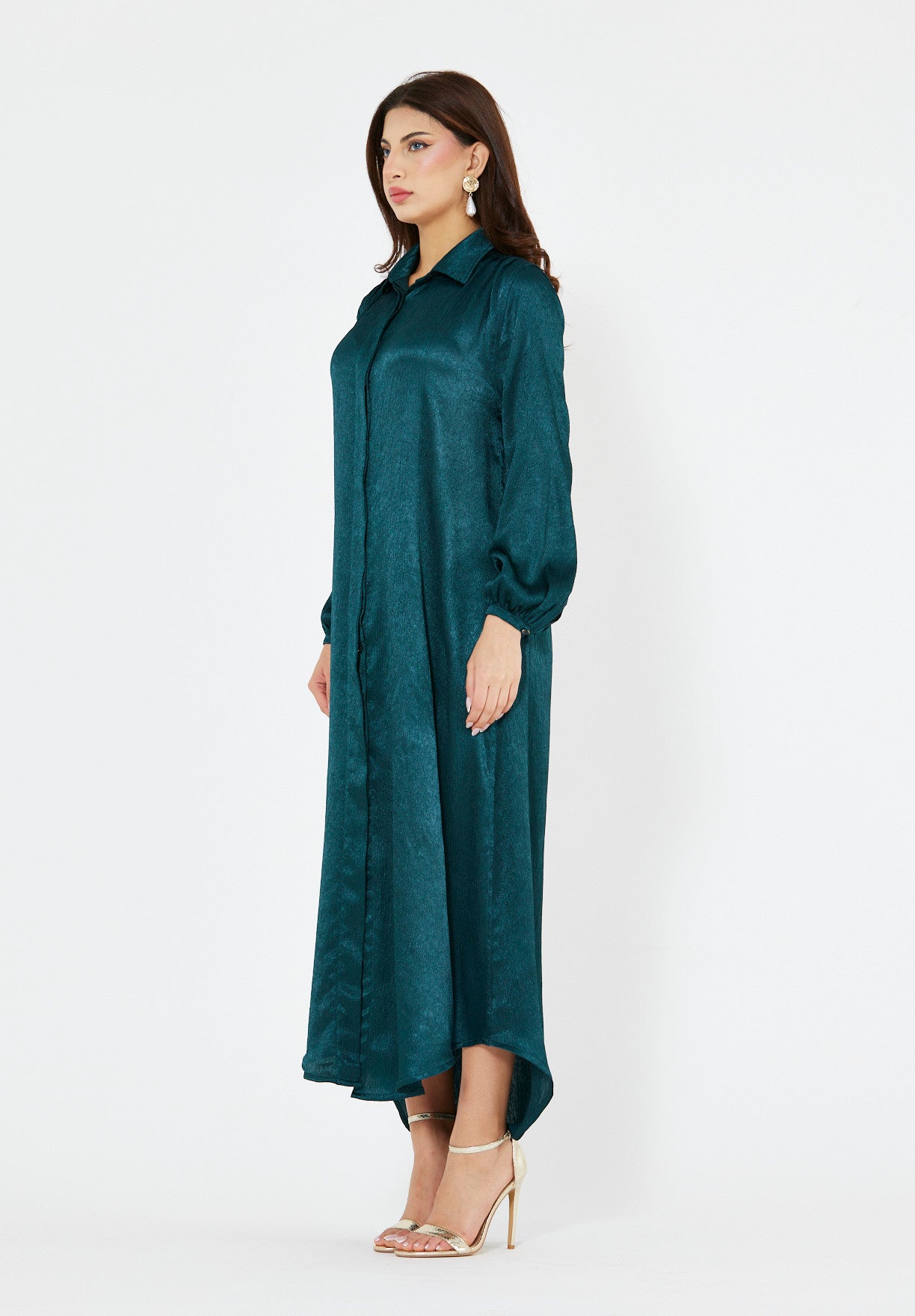 Shimmer Shirt Dress With High-Low Hemline In Crinkle Satin