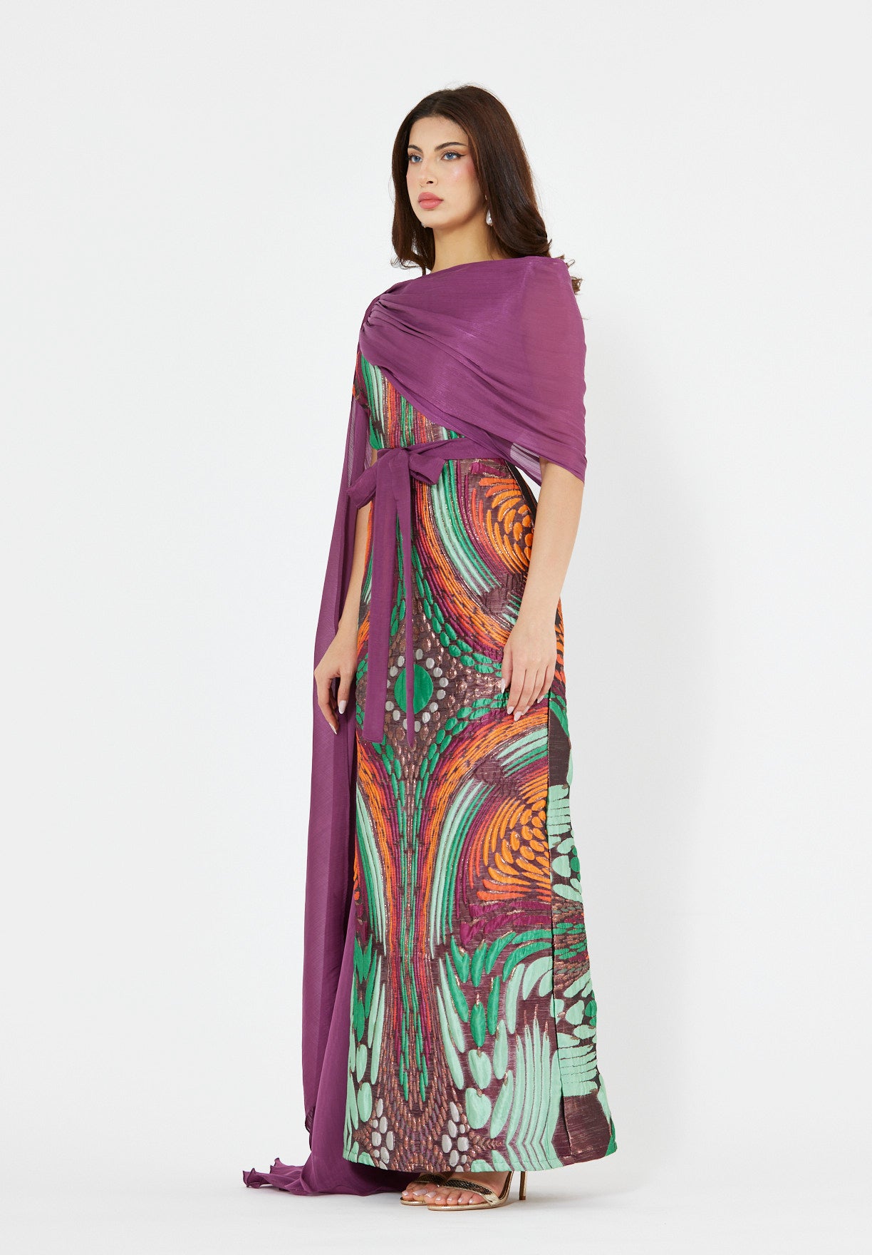 Draped Cape Overlay Jacquard Gown