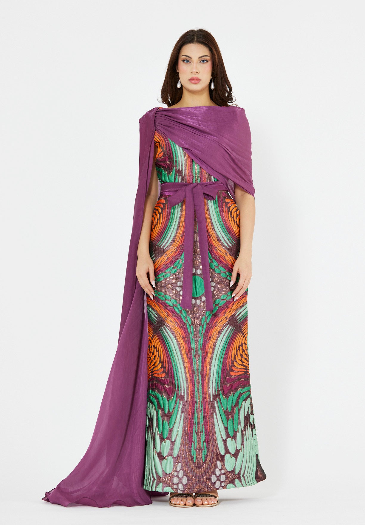 Draped Cape Overlay Jacquard Gown