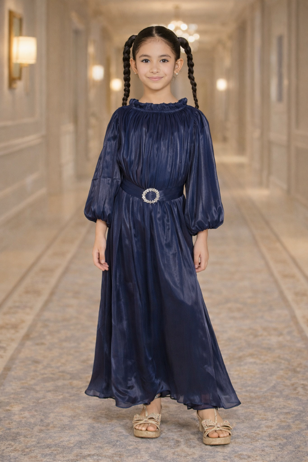 Pleated Shimmer Long-Sleeve Party Gown