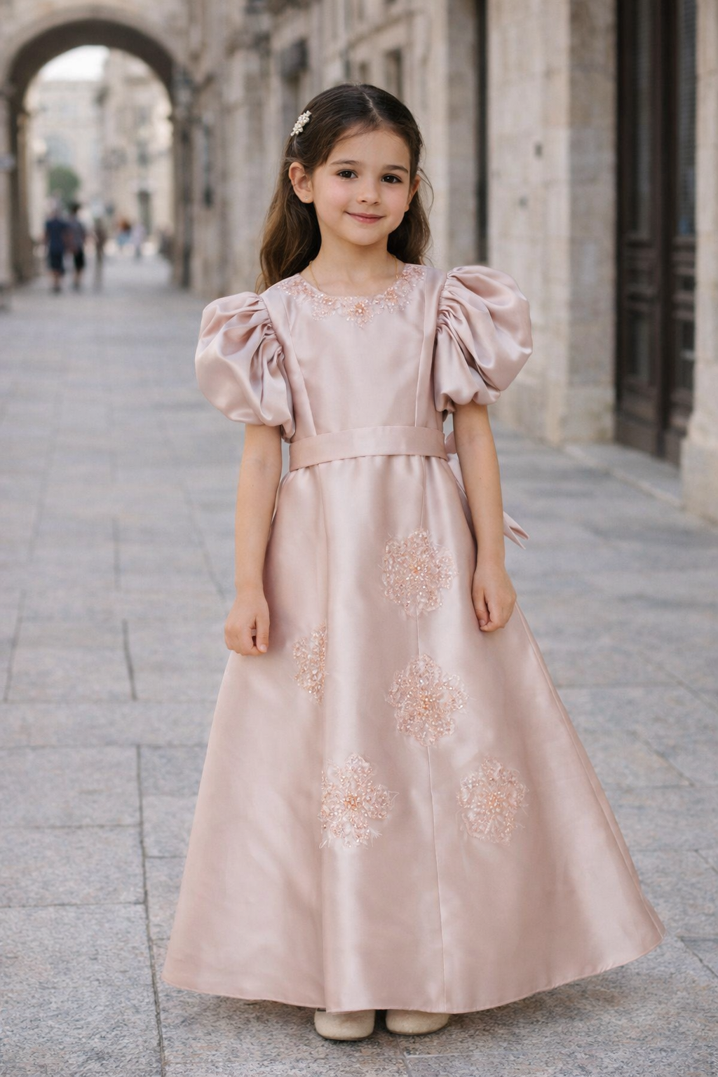 Puff Sleeve Floral Embellished Gown