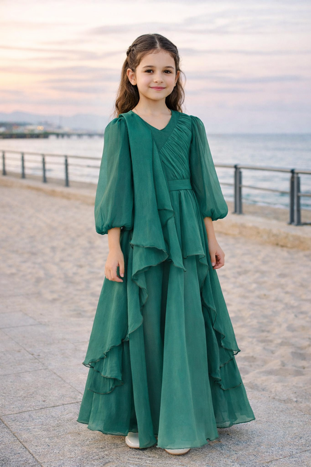 Layered Ruffle Puff Sleeve Gown