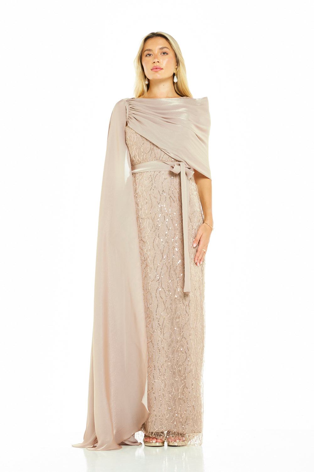 Embellished One-Shoulder Draped Overlay Gown