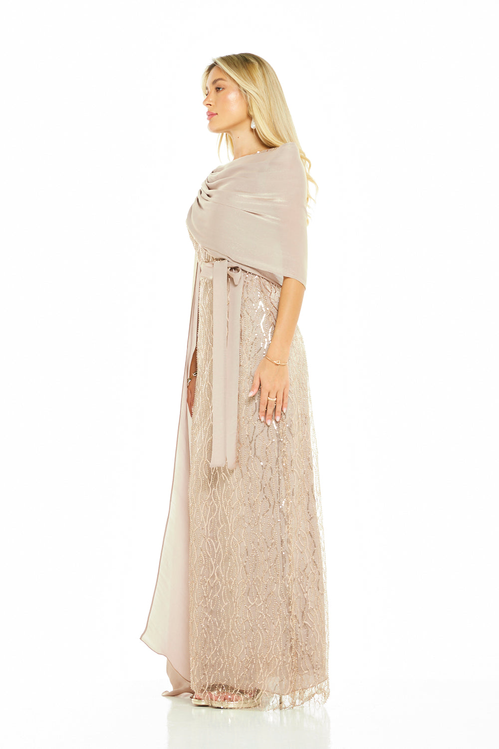 Embellished One-Shoulder Draped Overlay Gown