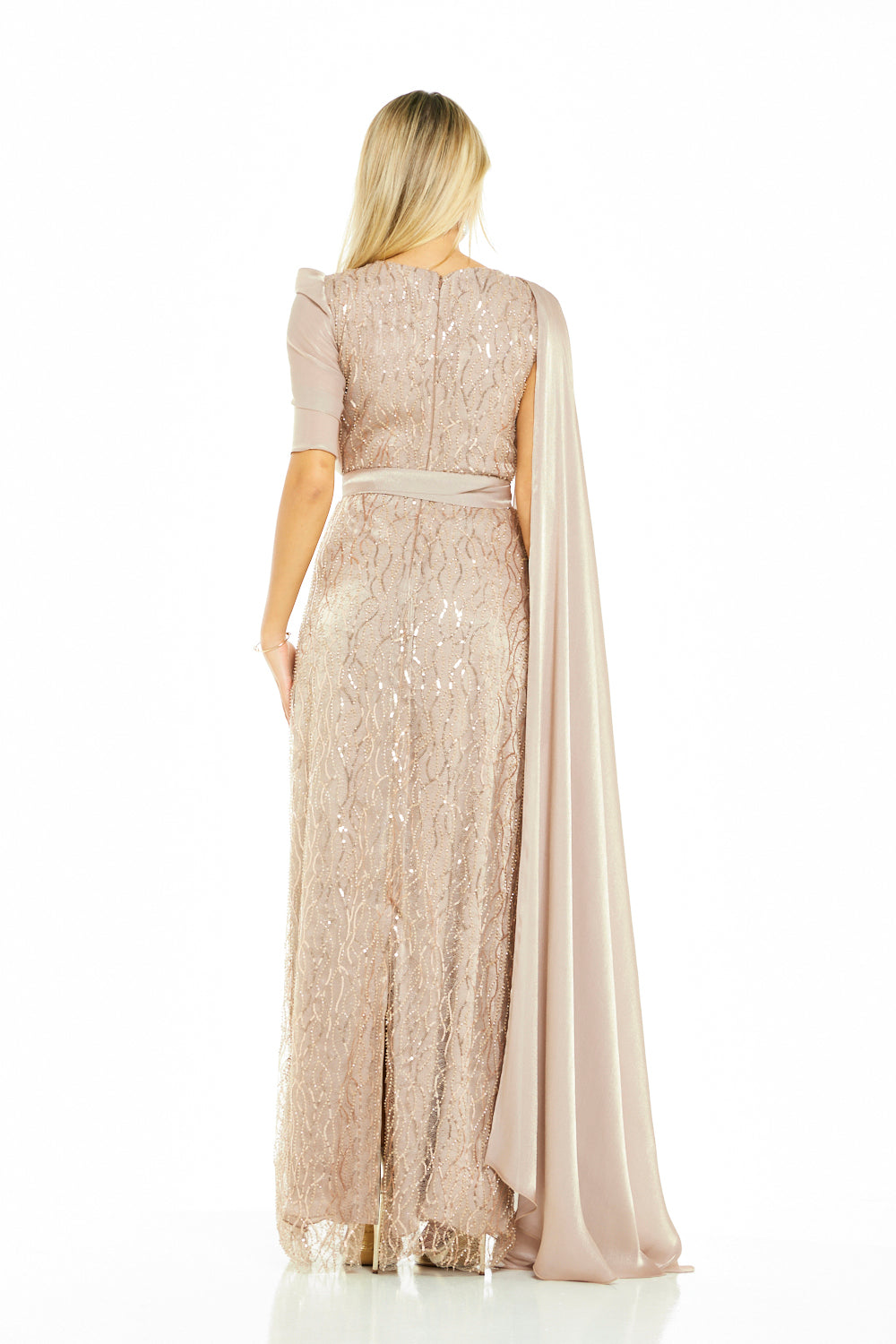 Embellished One-Shoulder Draped Overlay Gown