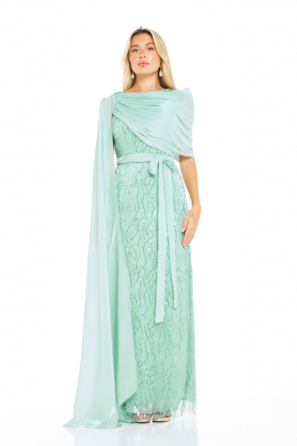 Embellished One-Shoulder Draped Overlay Gown