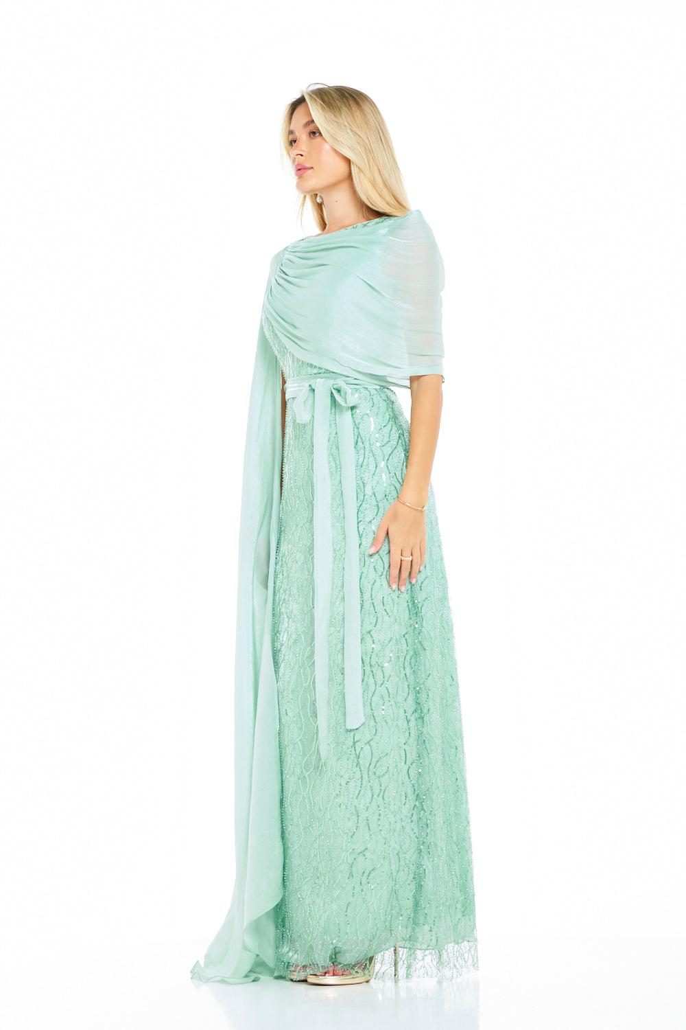 Embellished One-Shoulder Draped Overlay Gown