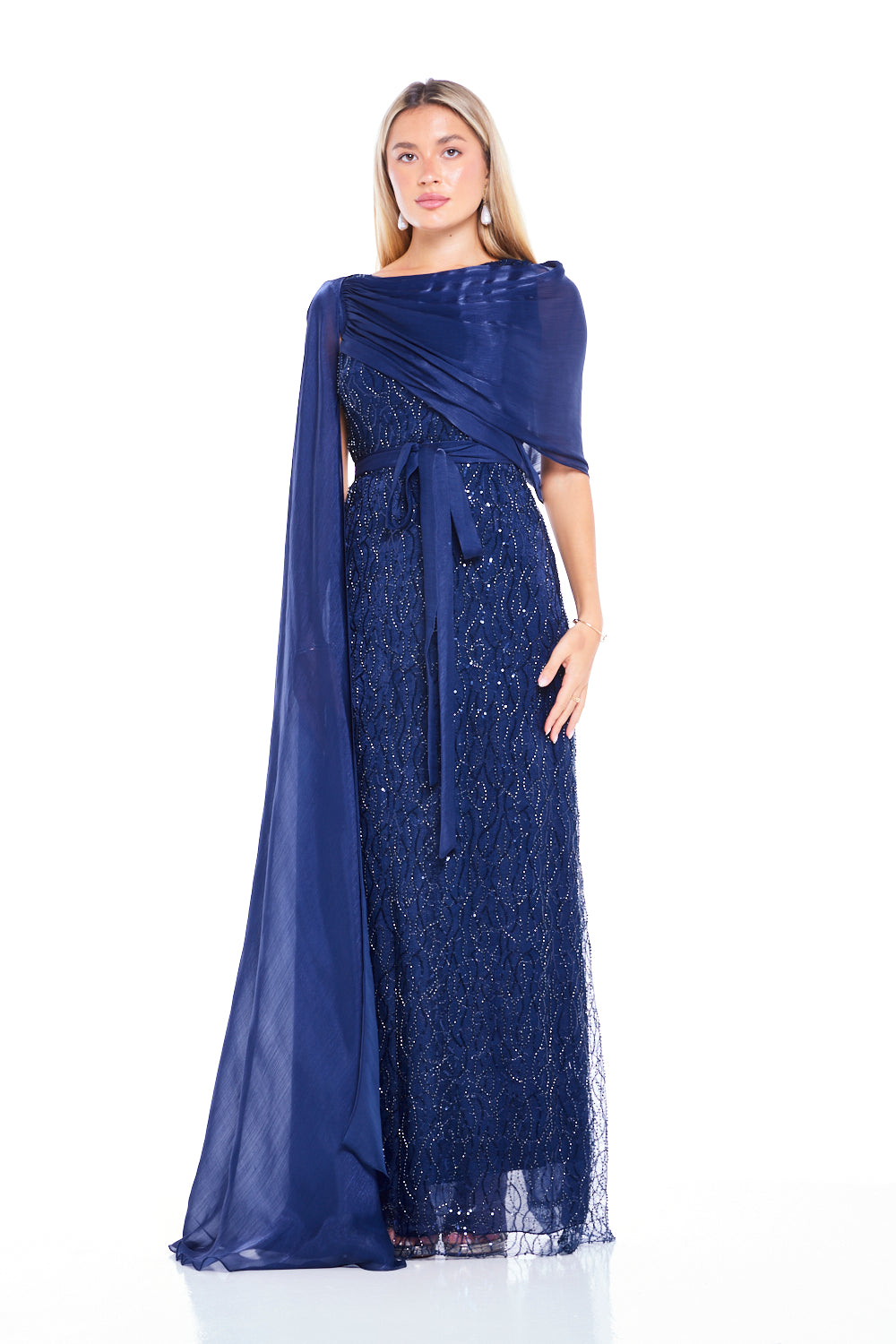 Embellished One-Shoulder Draped Overlay Gown