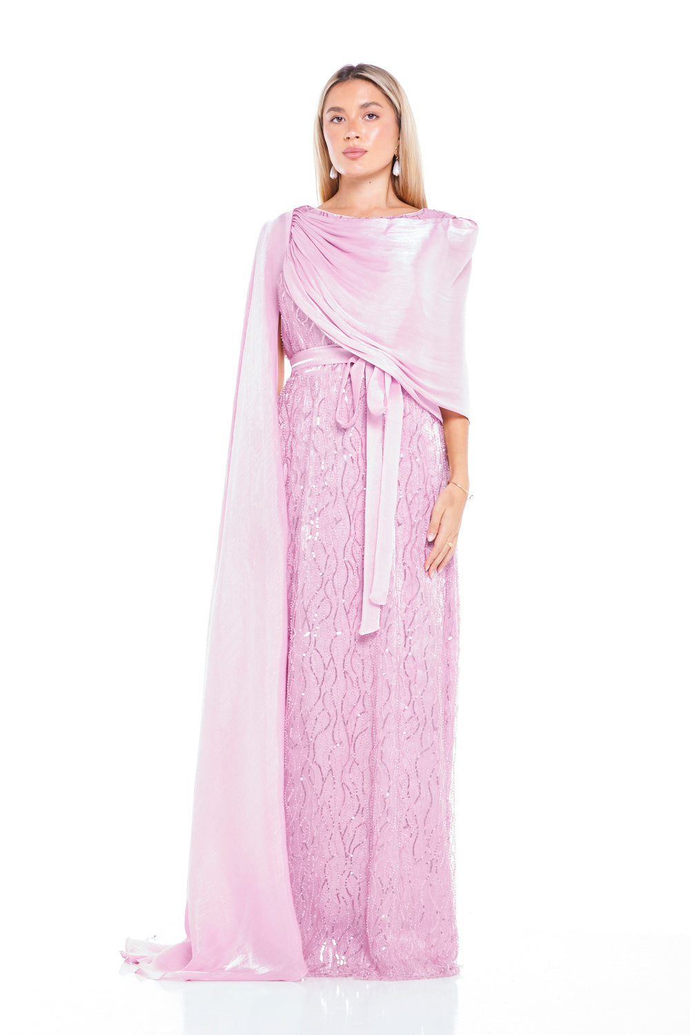 Embellished One-Shoulder Draped Overlay Gown