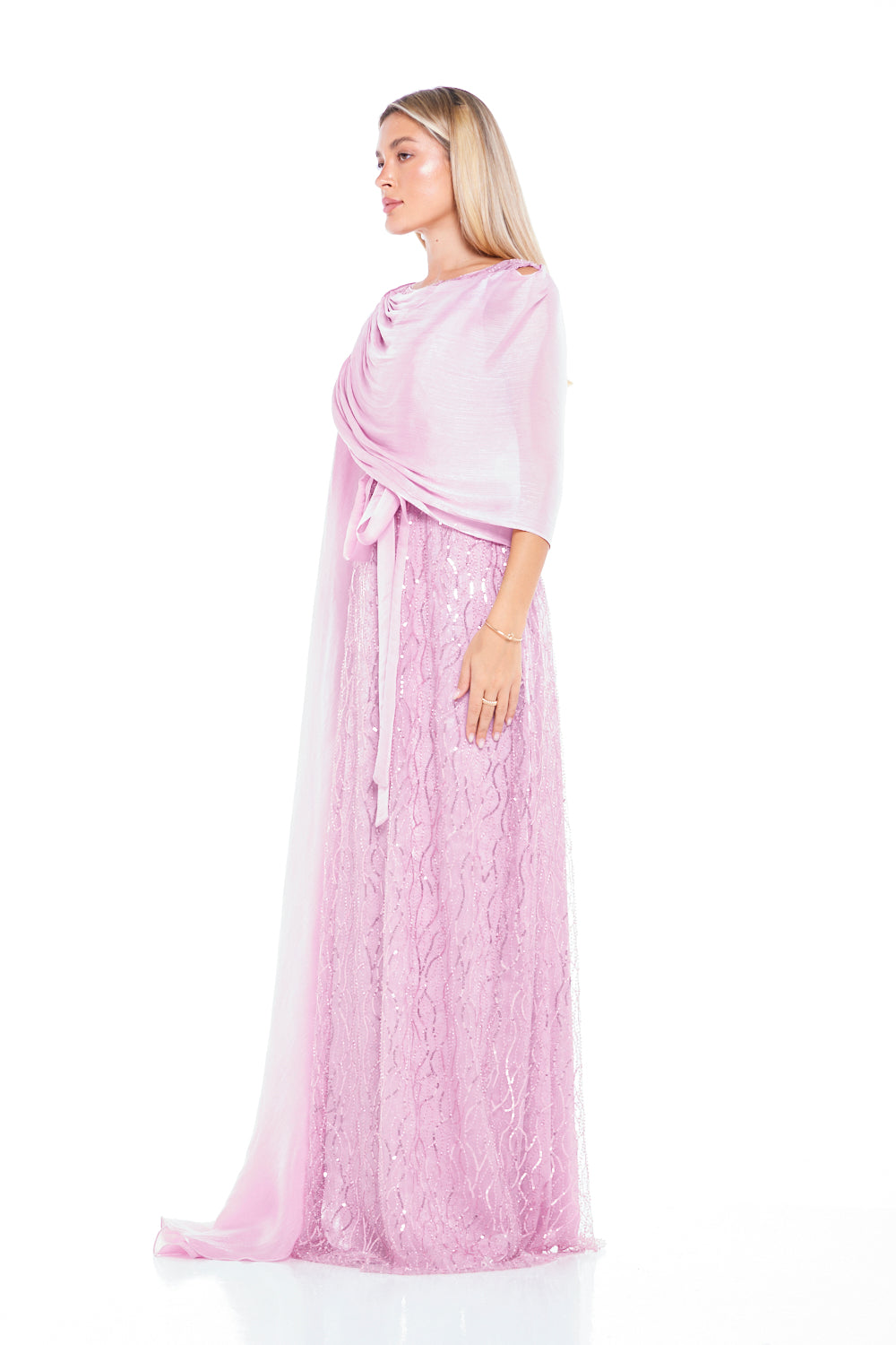 Embellished One-Shoulder Draped Overlay Gown