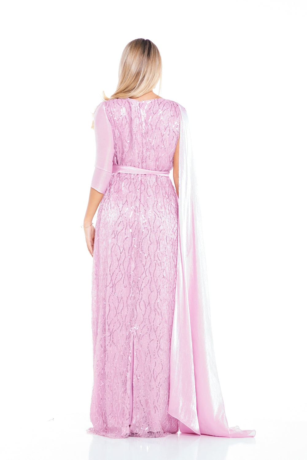 Embellished One-Shoulder Draped Overlay Gown