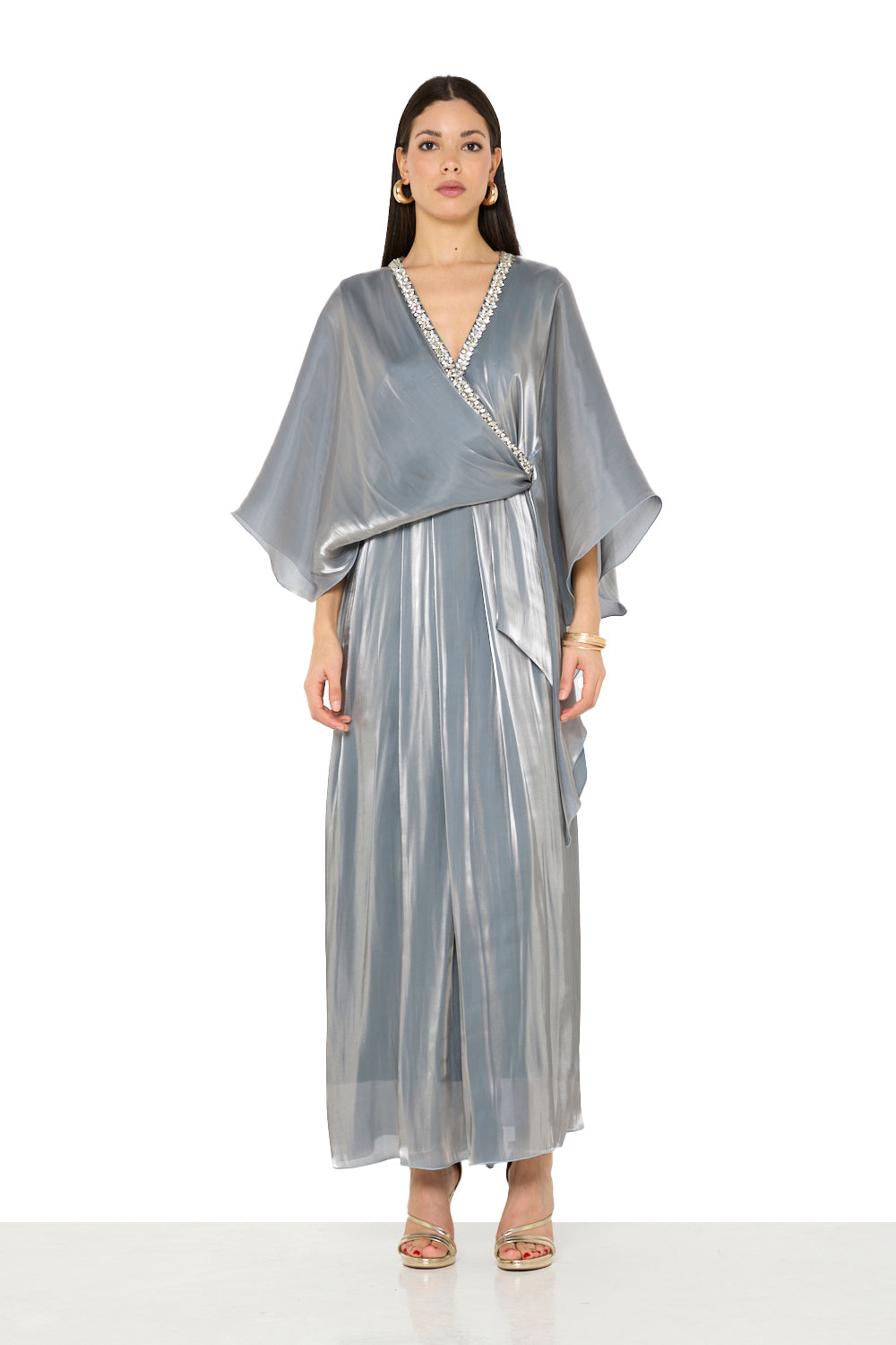 Crystal Embellished V-Neck Cape Gown