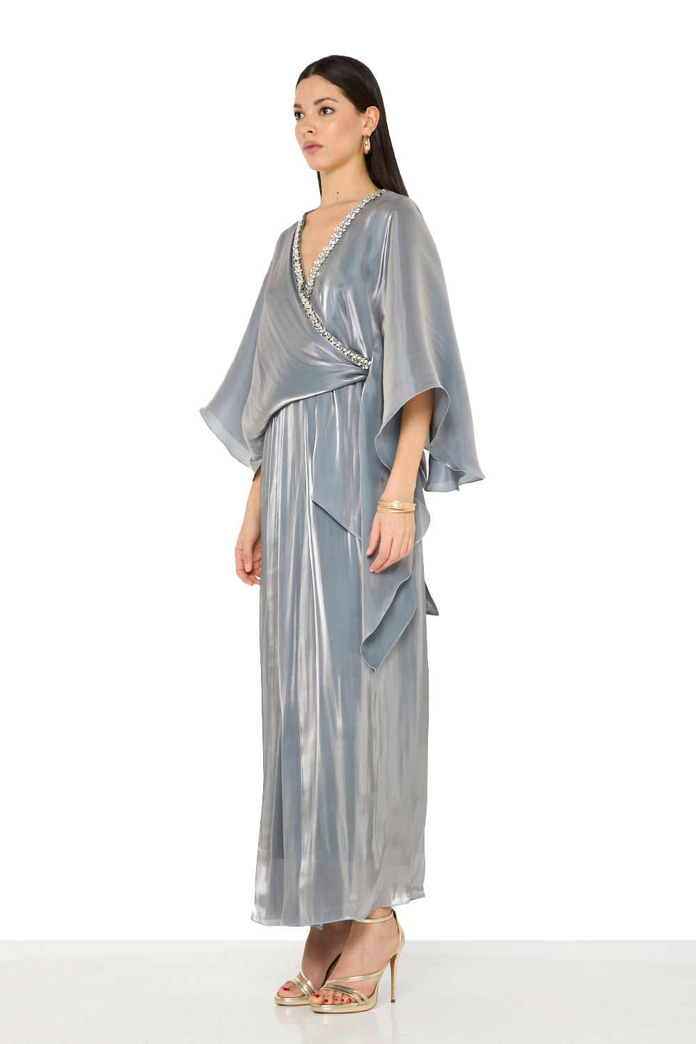 Crystal Embellished V-Neck Cape Gown