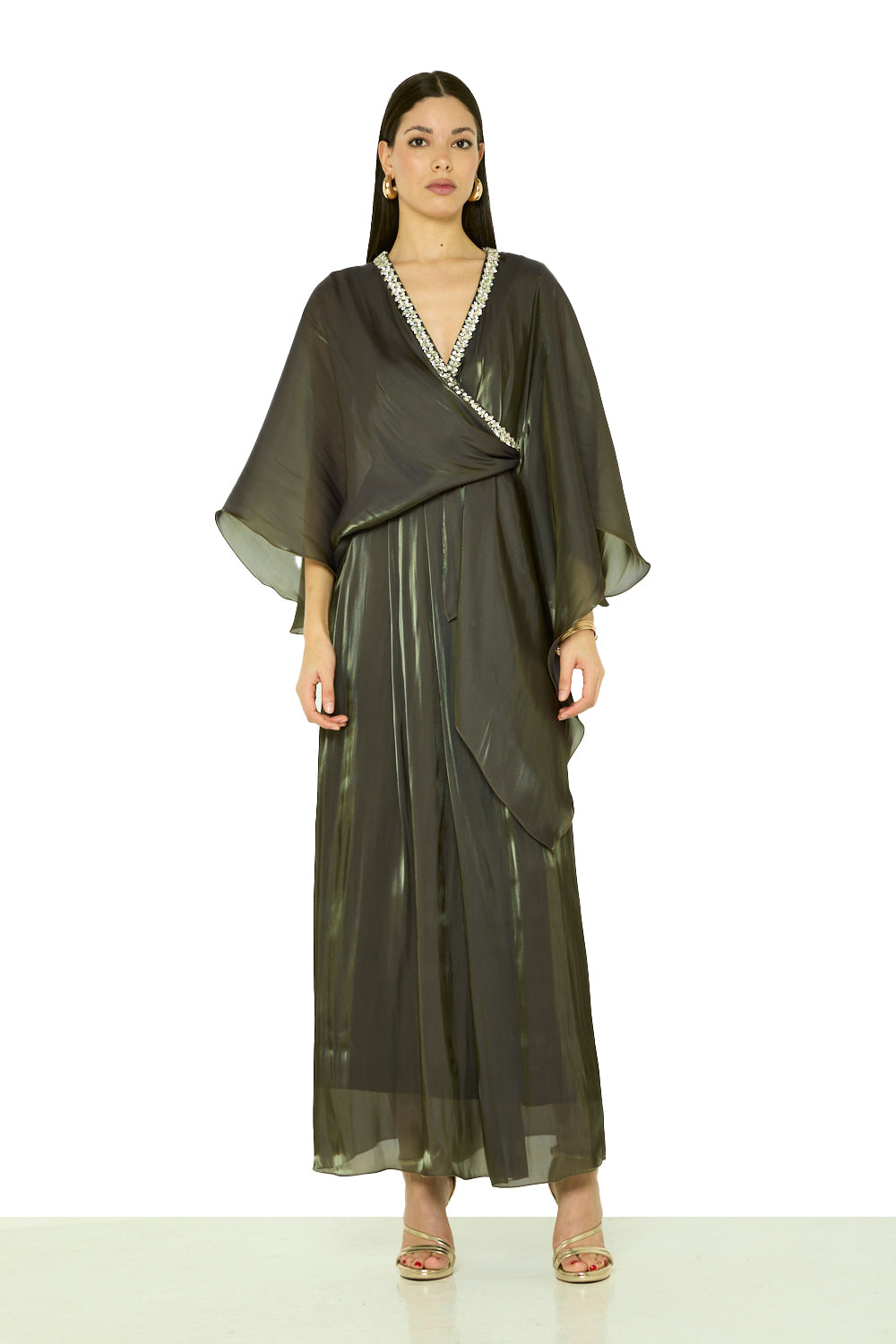 Crystal Embellished V-Neck Cape Gown