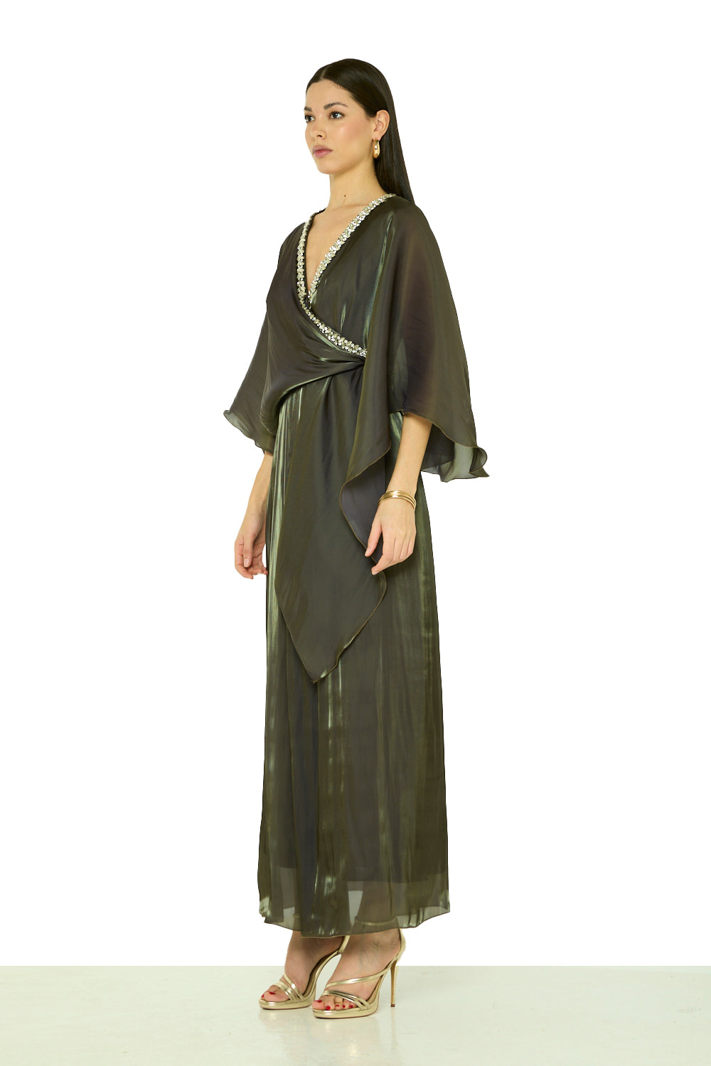 Crystal Embellished V-Neck Cape Gown