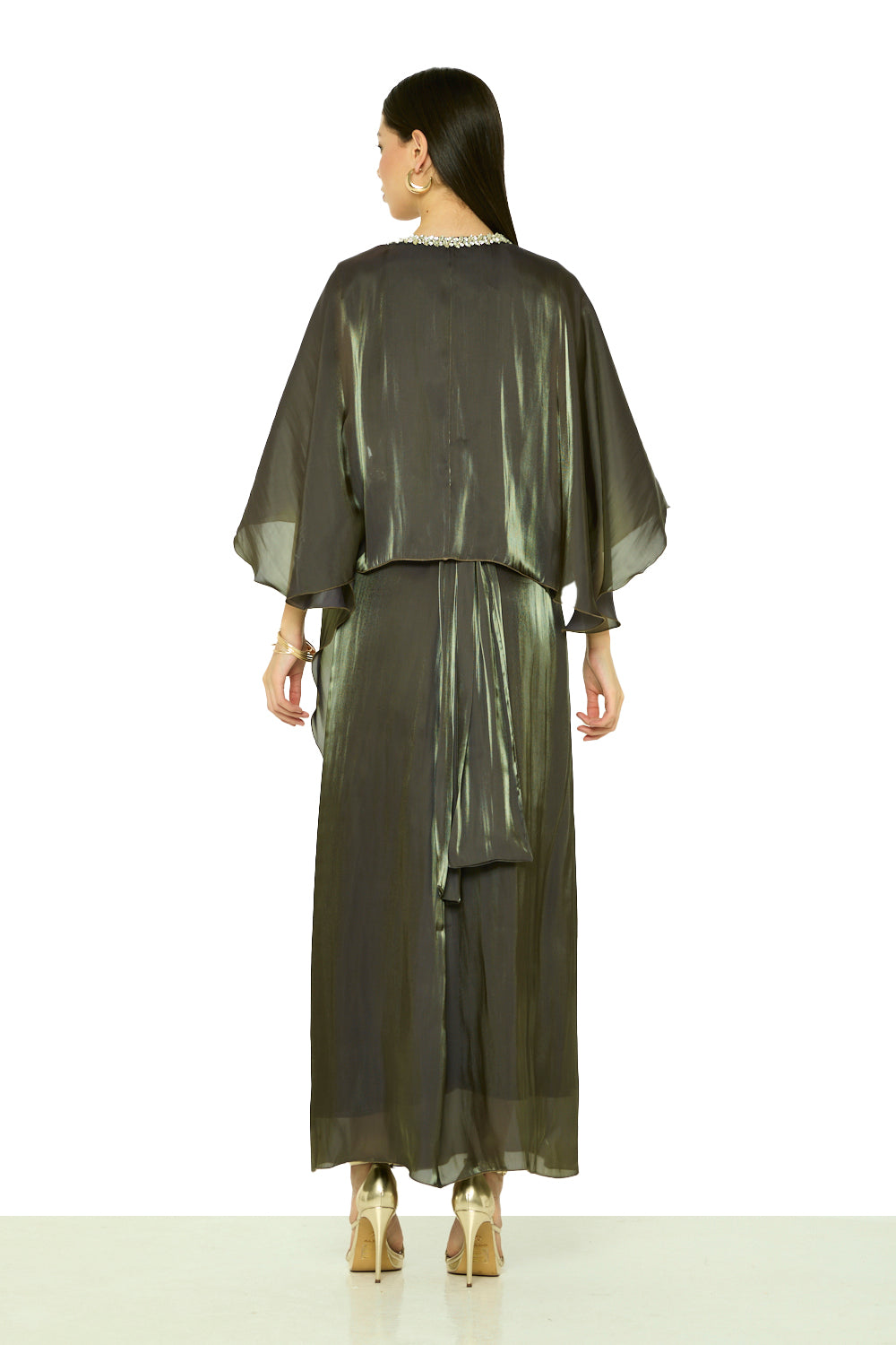 Crystal Embellished V-Neck Cape Gown