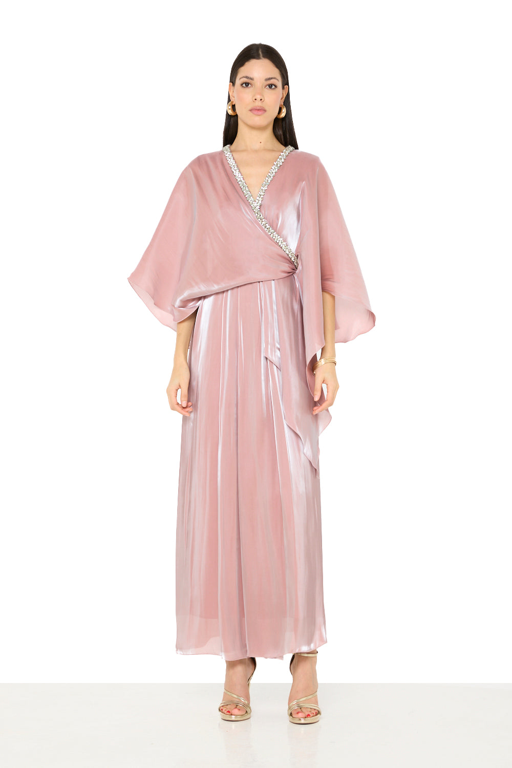 Crystal Embellished V-Neck Cape Gown