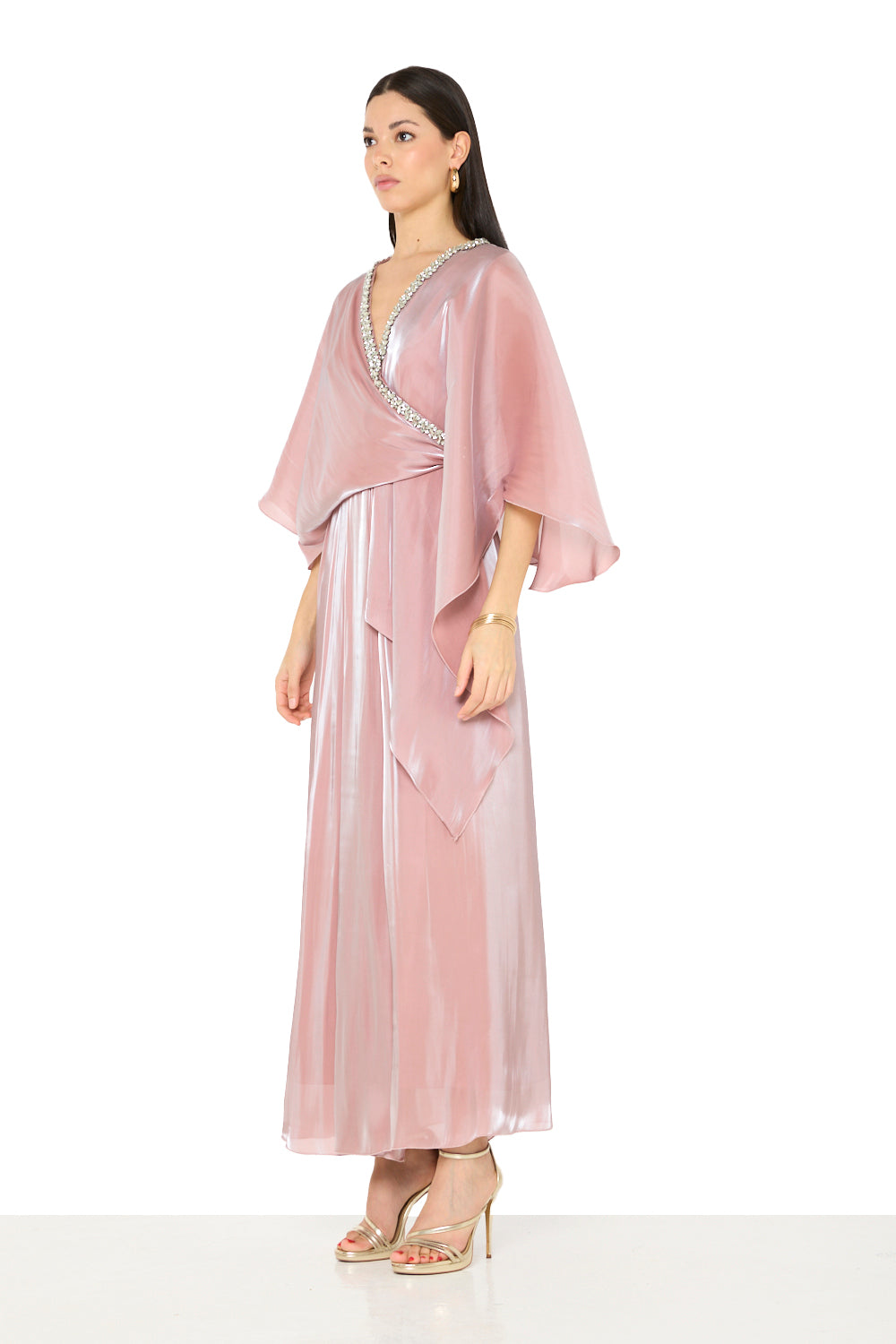 Crystal Embellished V-Neck Cape Gown