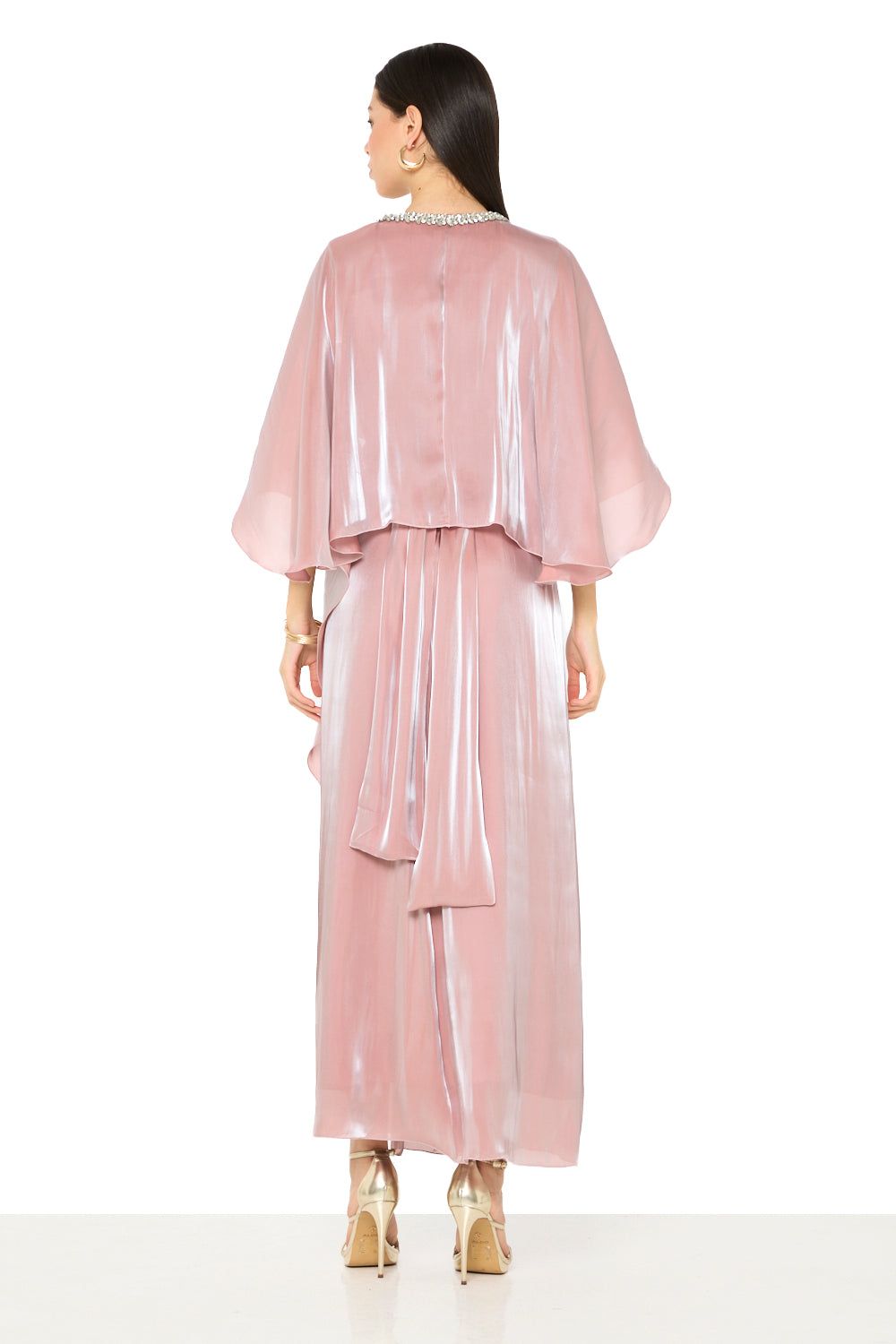 Crystal Embellished V-Neck Cape Gown