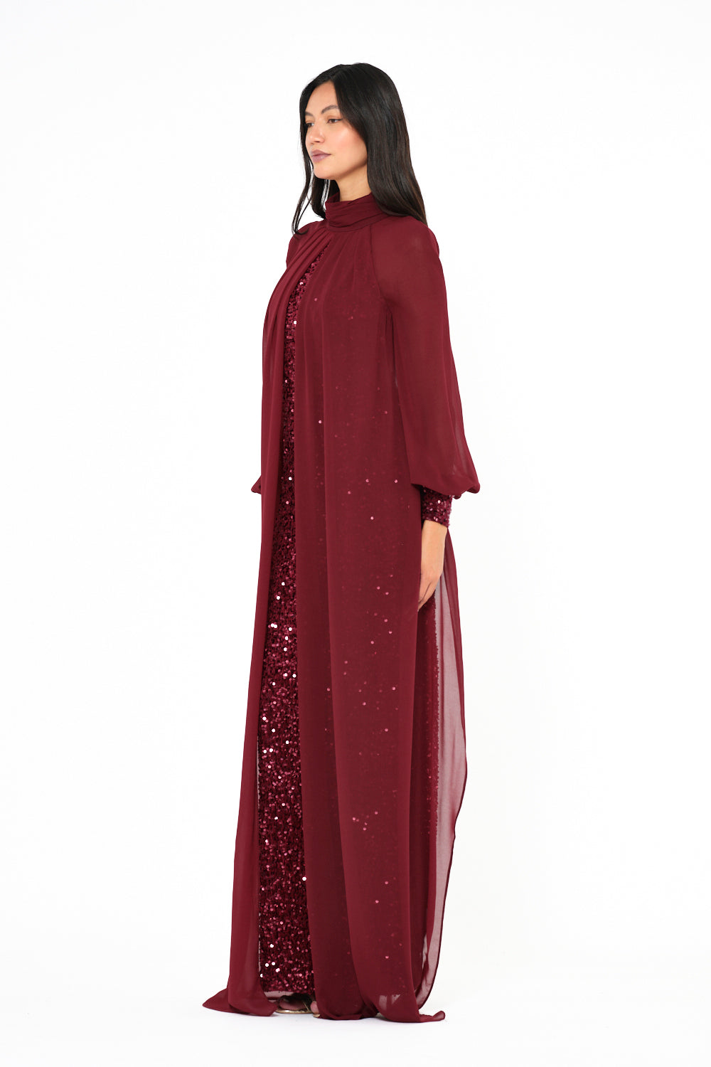 Sequin Column Gown With Sheer Overlay Cape