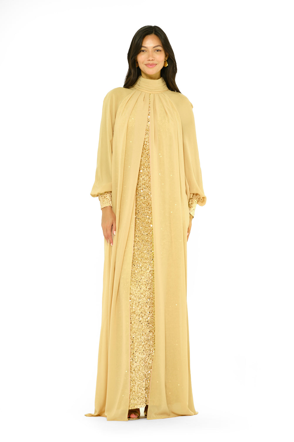 Sequin Column Gown With Sheer Overlay Cape