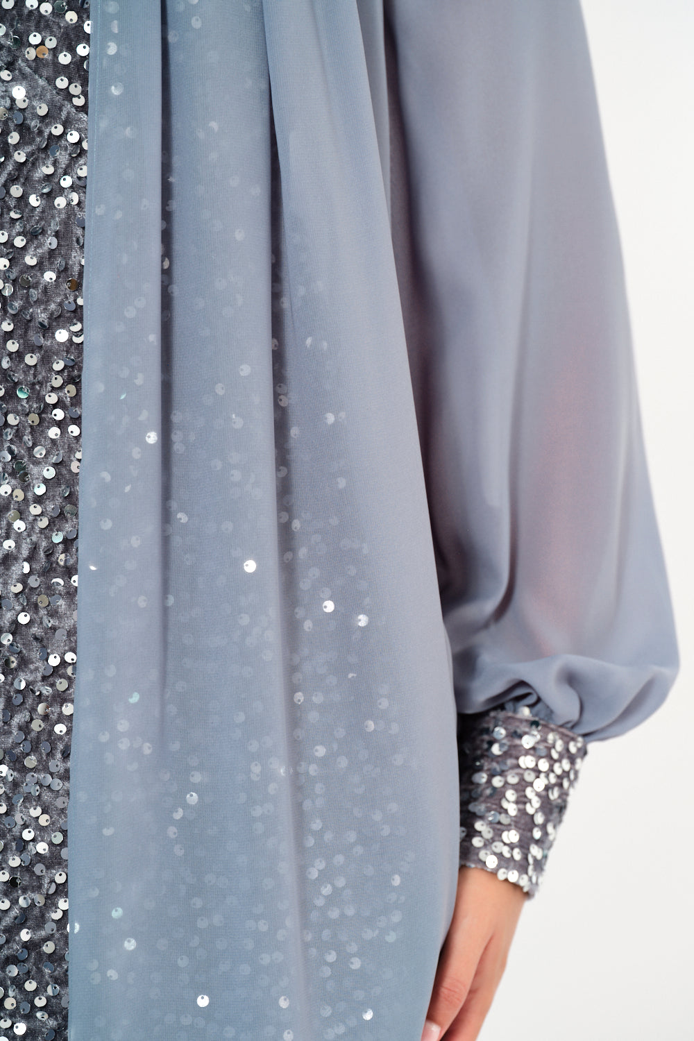 Sequin Column Gown With Sheer Overlay Cape