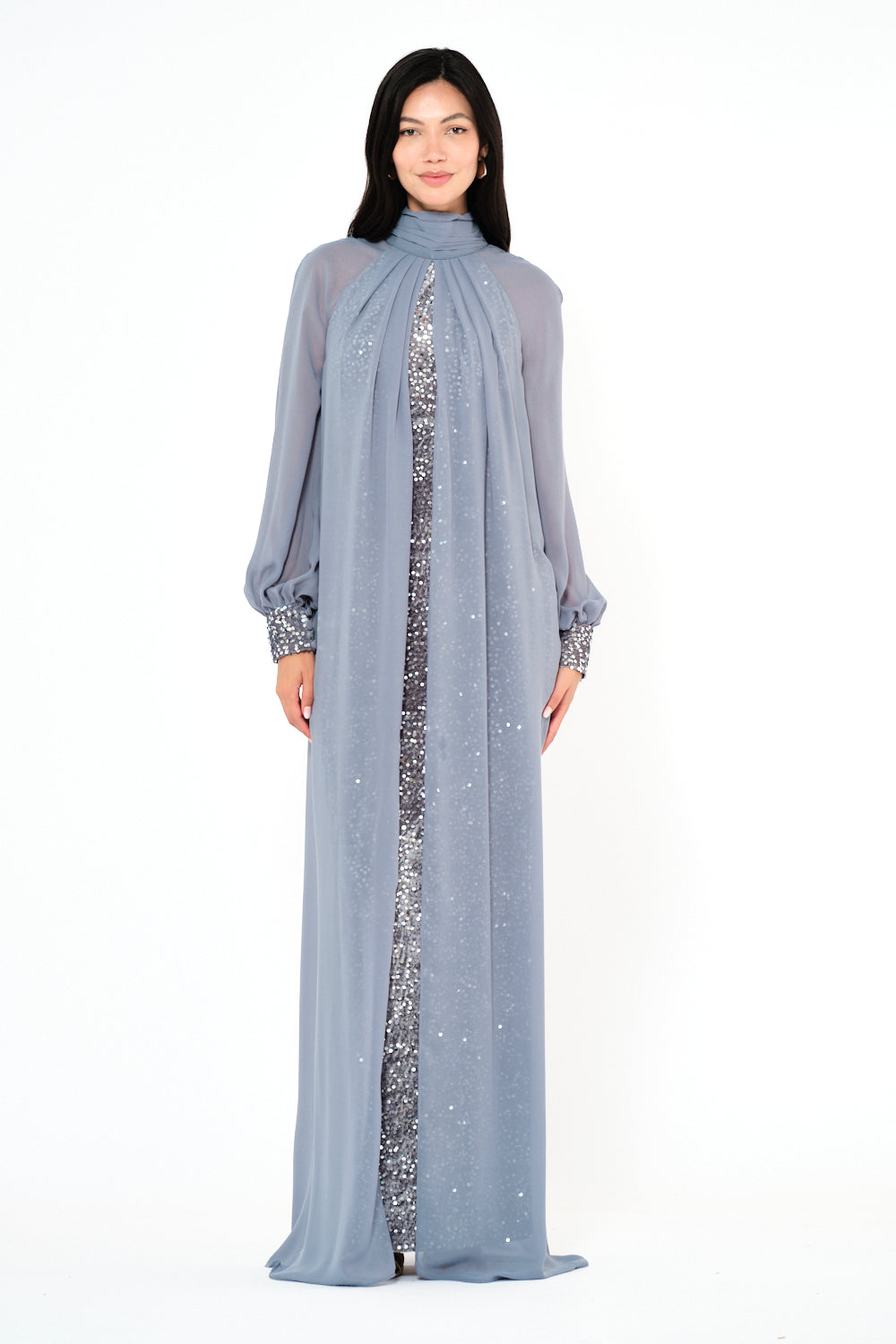Sequin Column Gown With Sheer Overlay Cape