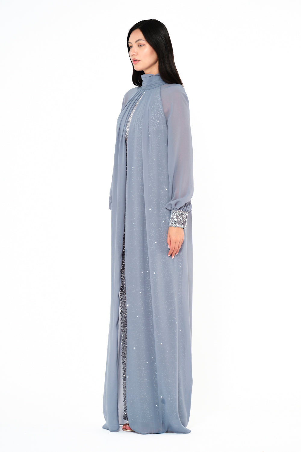 Sequin Column Gown With Sheer Overlay Cape