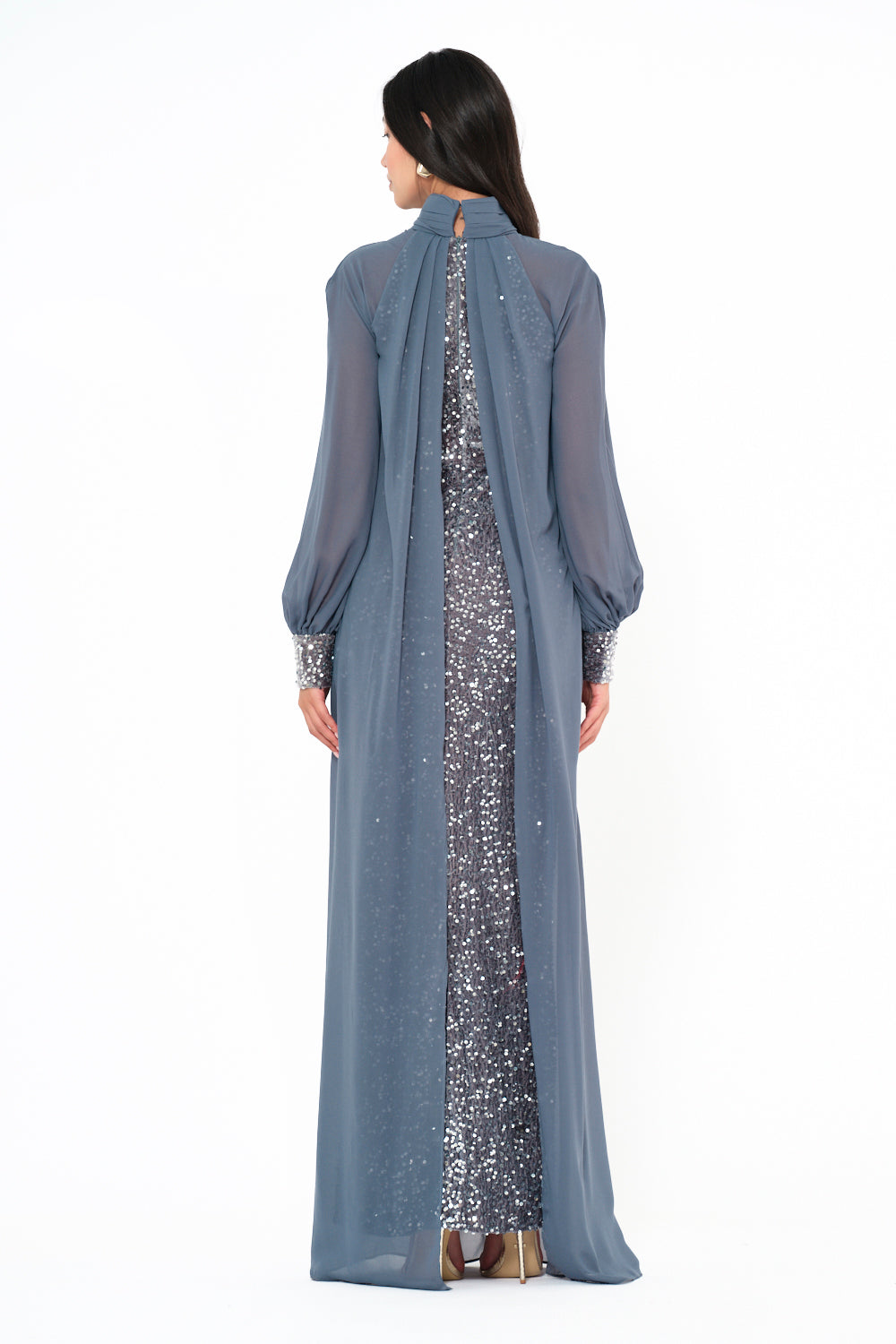 Sequin Column Gown With Sheer Overlay Cape