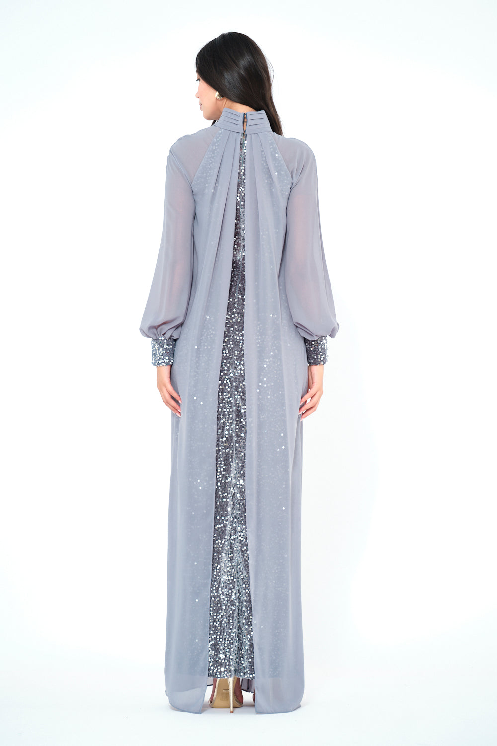 Sequin Column Gown With Sheer Overlay Cape
