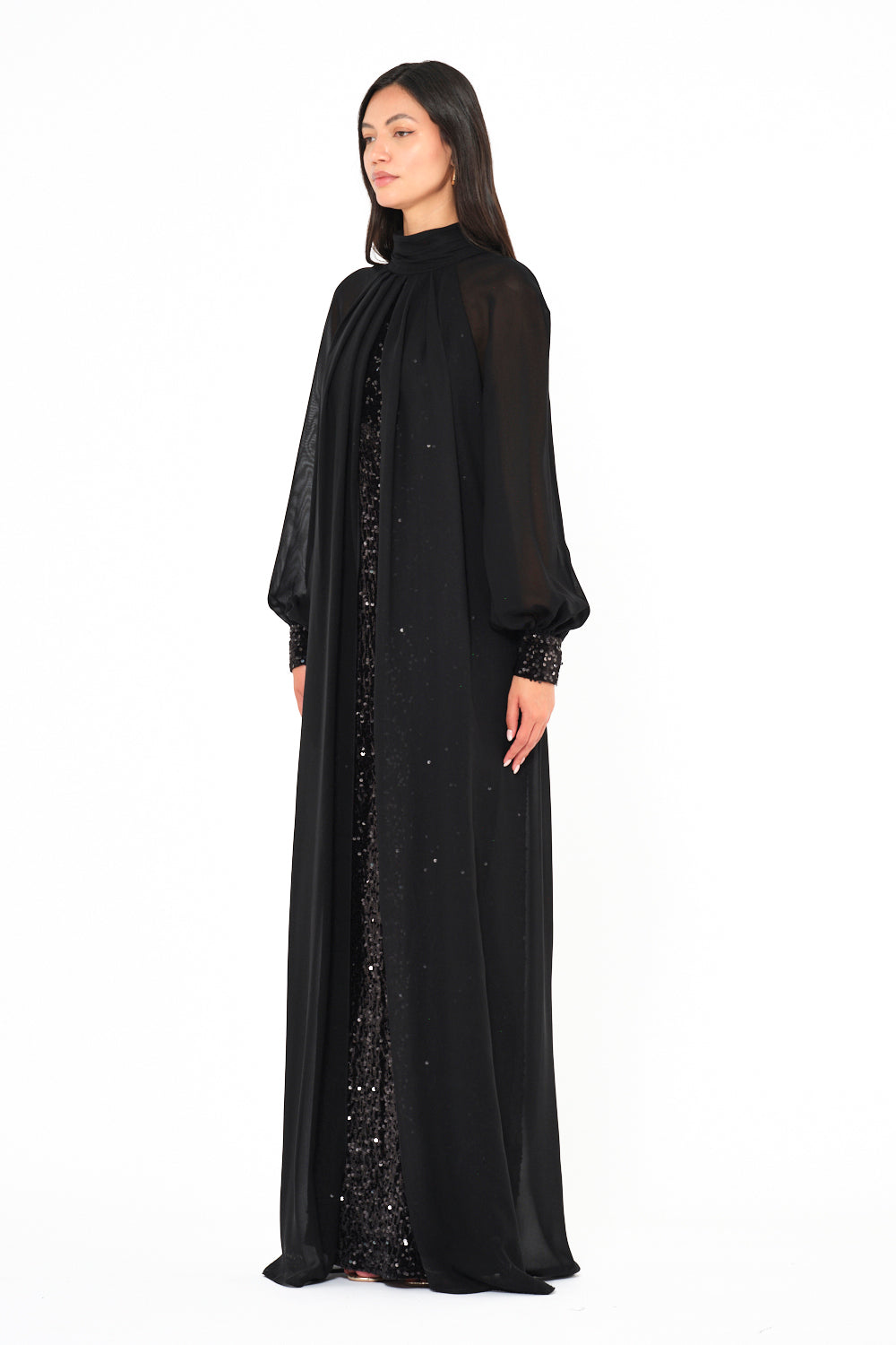 Sequin Column Gown With Sheer Overlay Cape