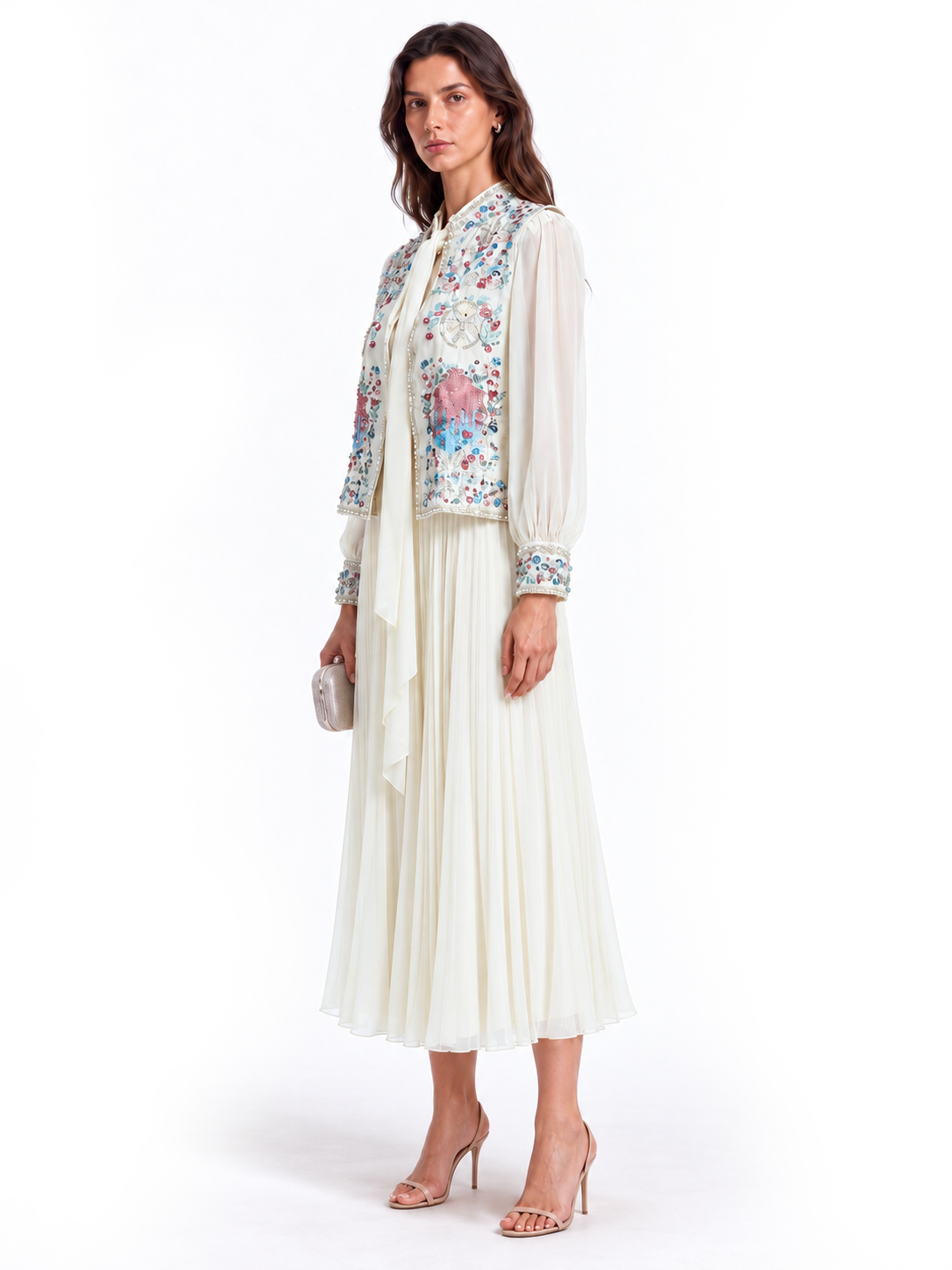 "Nesma" Embroidered Tie-Neck Pleated Dress
