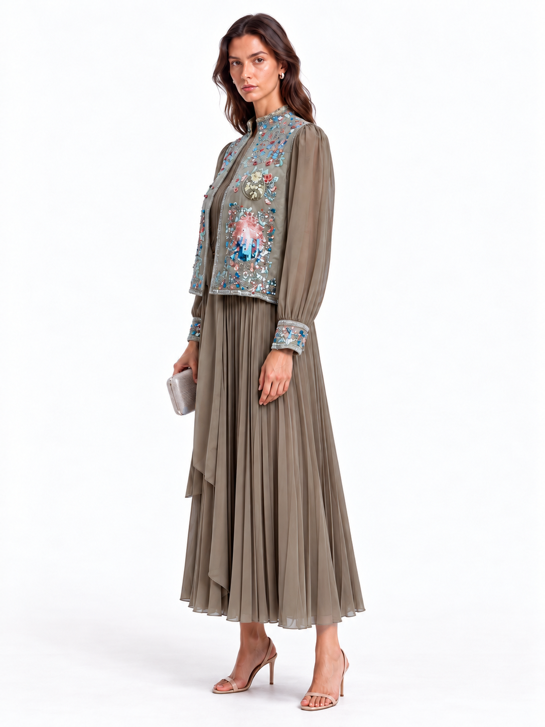 "Nesma" Embroidered Tie-Neck Pleated Dress