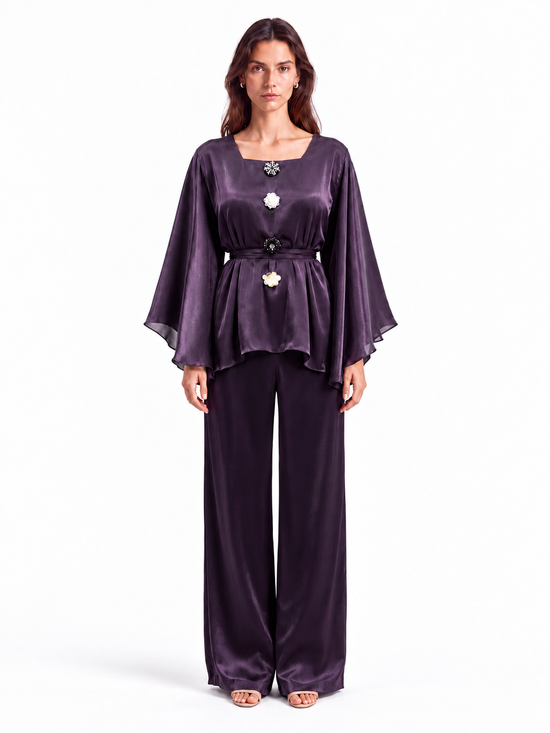"Nina" Satin Square-Neck Cape Sleeve Style Set